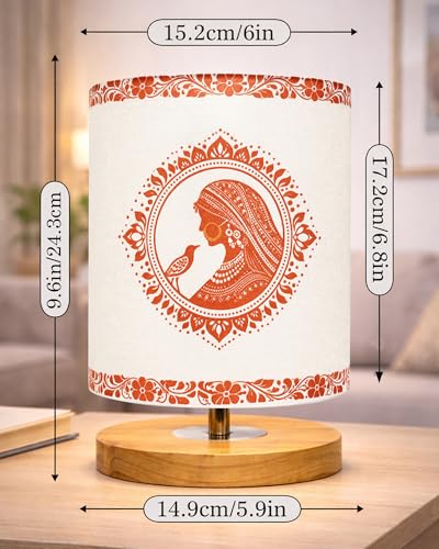 Image of Homesake Pine Table Lamp Wooden Bedside Lamp Simple Bedroom Light Linen Shade Mini Desk Lamp Nightstand Lamp for Bedroom, Living Room, Gift, (Aipan Art of India Shade Cylinder)