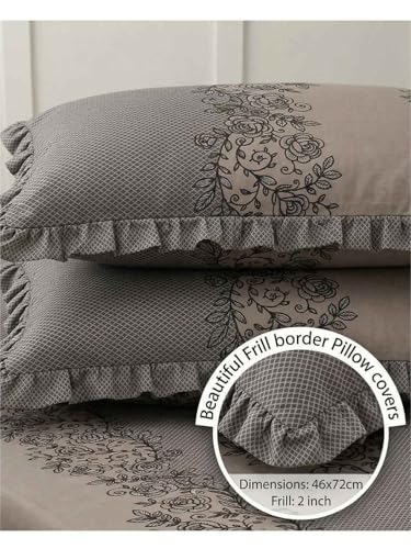 Image of VOMZER Queen Size (60x78) 300 TC Soft Cotton Feel Microfiber All Around Elastic Fitted Double Bedsheet with 2 Frill Pillow Covers | Coffee