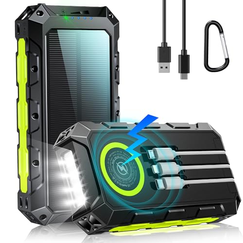 52800mAh Power Bank: Solar Charger, 30W PD Fast Charging, Wireless Charger, Battery Pack with 3 Built-in Cables, 7 Outputs, Flashlights, Portable Charger for Smartphone, Tablet (Green)