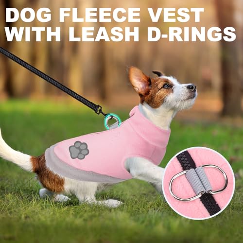 Image of Mihachi Dog Fleece Vest Sweater Zip Up Warm Pullover Step-in Dog Jacket with Dual D-Ring Leash, Winter Cold Weather Reflective Coat Clothes Hoodie for Small Medium Dogs Puppy Cat Boy Girl, Pink XL