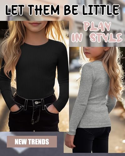 Image of 4 Pack Girls Long Sleeve Shirts Ribbed Knit Cotton Crewneck Tops Slim Fit Soft Casual Kids Base Layer Undershirts