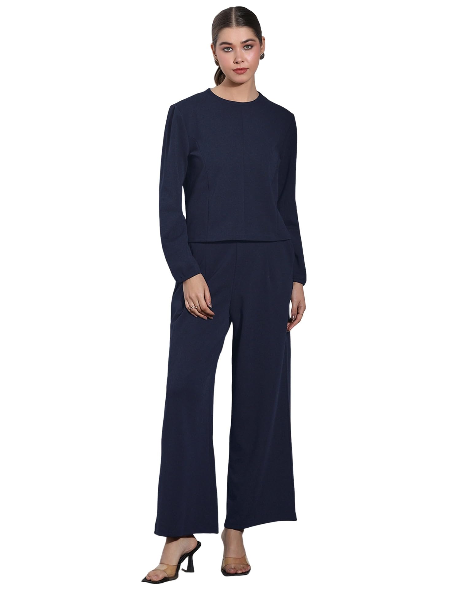 selvia Women's Solid Long Sleeve Top with Straight Pants, Classic Formal Co-Ord Set-picture-43