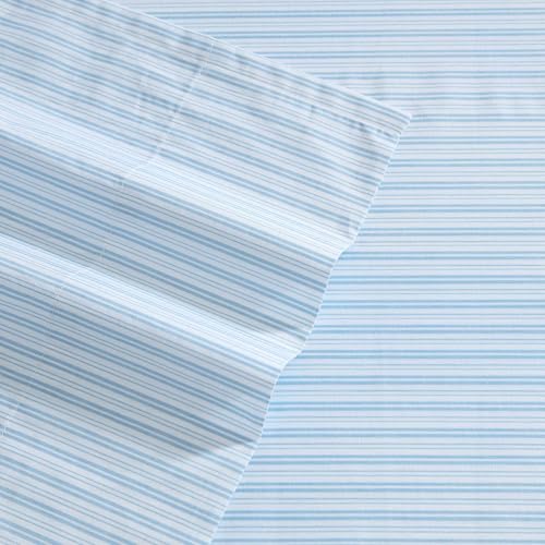 Image of Laura Ashley - Full Size Sheet Set, Crisp & Lightweight Cotton Percale Bedding with Fitted Sheet and Pillowcases, Striped Room Decor, Deep Pocket, College Dorm Room Essentials (Bedford Skinny Blue)