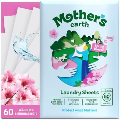 Mother's Earth Waschmittel-Blätter – Frühlingsblüte-Duft – Nachhaltige, kraftvolle Reinigung, ohne Plastikverpackung, optische Aufheller & Parabene – Für bis zu 60 Waschladungen
