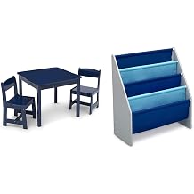 Delta Children MySize Kids Wood Table and Chair Set 2 Chairs Included & Sling Book Rack Bookshelf for Kids - Easy-to-Reach Storage for Books, Magazines or Coloring Books, Grey/Blue