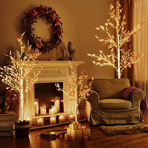 Lamerge 3Pcs Lighted Maple Tree, 4Ft/5Ft/6Ft Lighted Artificial Tree Led Birch Tree,Outdoor Christmas Decoration,Fall Tree With Warm White Lighted,Pumpkin Decorations For Indoor Thanksgiving, Yellow #TOP1