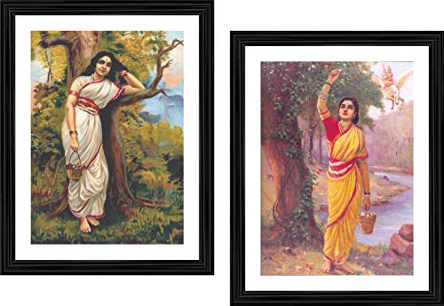 Image of Adventures� *Ahilya in Upwan*- Two Paintings by Raja Ravi Varma, Set of 2 Wall D�cor Frames. Matt Satin Print with MDF & 1 inchPS Black Frame. Size 14 inchx18 inch each.