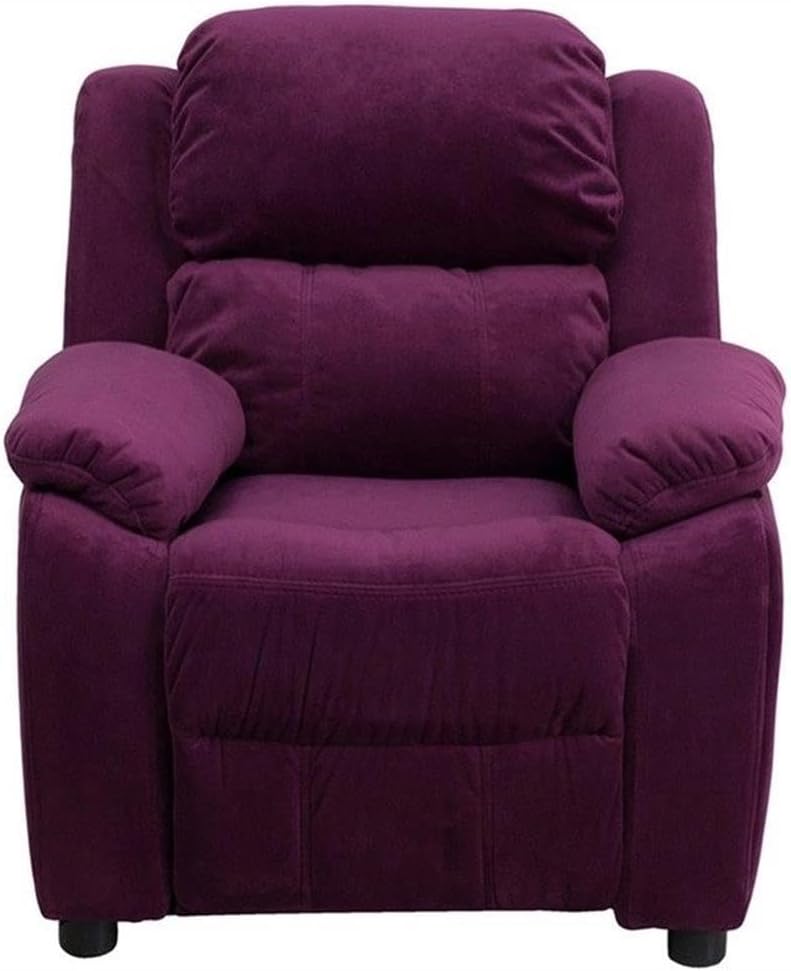 BOWERY HILL Kids Recliner, 28" H x 25" W x 26"-39" D, Padded Microfiber Upholstery, Purple Color, Overstuffed Foam, Flip-Up Storage Arms, Safety Recline, Ideal for Ages 3-9, Bedroom or Playroom
