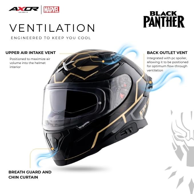 Image of Axor Apex Marvel Black Panther ISI ECE and DOT Certified Full Face Helmet for Men and Women with Dual Visors-Black Gold-L
