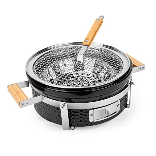 Onlyfire Ceramic Hibachi Charcoal Grill with Grid Lifter, 14" Portable BBQ Yakitori Grill with Stainless Steel Grate for Outdoor Patio Backyard Barbecue Cooking, GS305