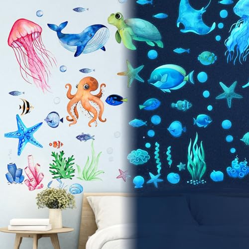 3 Sheets Luminous Sea Life Animals Wall Decals Removable Peel and Stick Under The Sea Wall Decal Stickers Underwater Creatures Wall Decor for Kids Girls Boy Nursery Bedroom