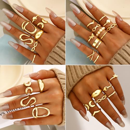 Image of FAXHION 68 Pcs Gold Jewelry Set for Women with 7 Necklace, 17 Bracelet, 5 Hoop Earrings, 15 Stud Earrings, 24 Knuckle Rings for Women Jewelry Set for Women Gift