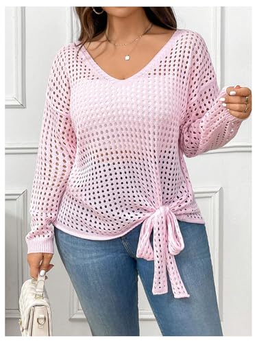 Image of SOLY HUX Women's Plus Size Sheer Sweater Hollow Out Knot Hem V Neck Drop Shoulder Long Sleeve Pullover Tops Plain Pink 2XL