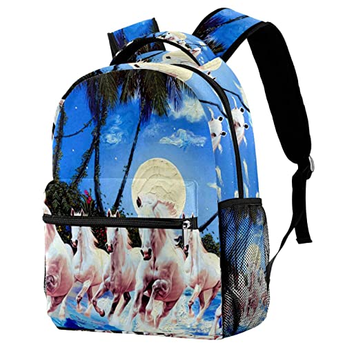 Mochila escolar de caballos al atardecer para universidad y aire libre