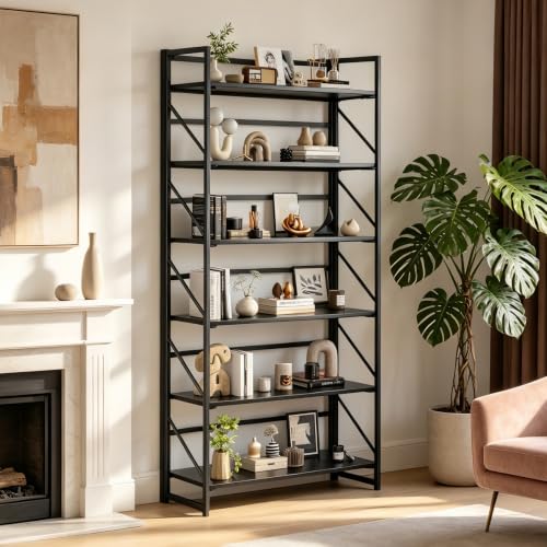 Image of JSB 6 Tier No Assembly Folding Bookshelf, 30.7 inch Wide Foldable Storage Bookcase for Home Office, Space-Saving Storage Shelf for Living Room (Black)