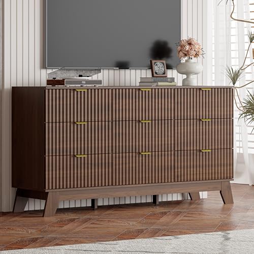 Image of 9 Drawer Dresser for Bedroom, 57''Wide Fluted Wooden Dresser Storage Cabinet and Chest of Drawers with Metal Handle, Storage Organizer for Living Room, Hallway, Entryway, Walnut