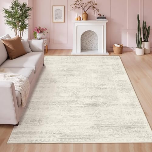 Latte&Fog Vintage 5x7 Washable Area Rugs, Ivory Rug for Living