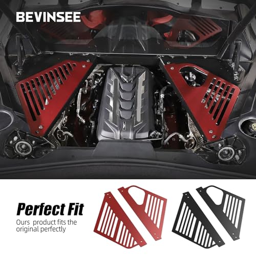Image of Bevinsee Engine Bay Panel Cover Compatible with Chevrolet Corvette C8 2020-2023, Aluminum Engine Compartment Left Right Protection Leakproof Cover Trim Accessories, C8 Corvette Accessories, 2PCS, Red