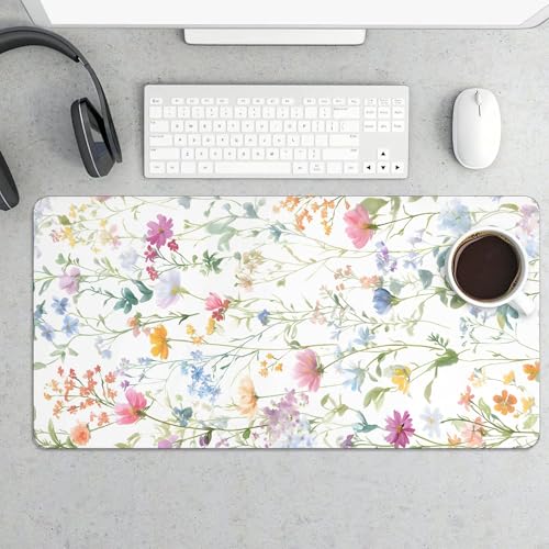 Image of Wildflowers Spring Summer Extended Gaming Mouse Pad, with Stitched Edges Large Mouse Pad Desk Protector, Rubber Base Mousepad Keyboard Mouses Mat for Work Game Office Home- 32 inch X 16 inch Inch