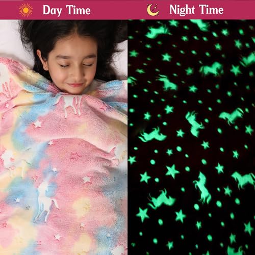 Image of Glow Blanket for Kids 200x150 cm, Pink Unicorn Glow in The Dark Blanket, Soft Flannel Fleece All Season Kids Blanket, Birthday Gift for Boys & Girls