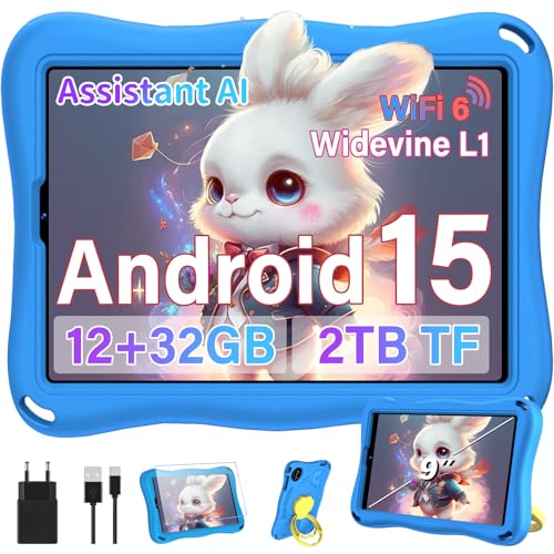 SUAAT - Tablet para niños (9 pulgadas, Android 15 con 12 GB de RAM + TF 1 TB, 5G WiFi, Widevine L1, Octa-Core, 5000 mAh, control parental, 1340 x 800, BT 5.0, para niños con funda Eva - Azul