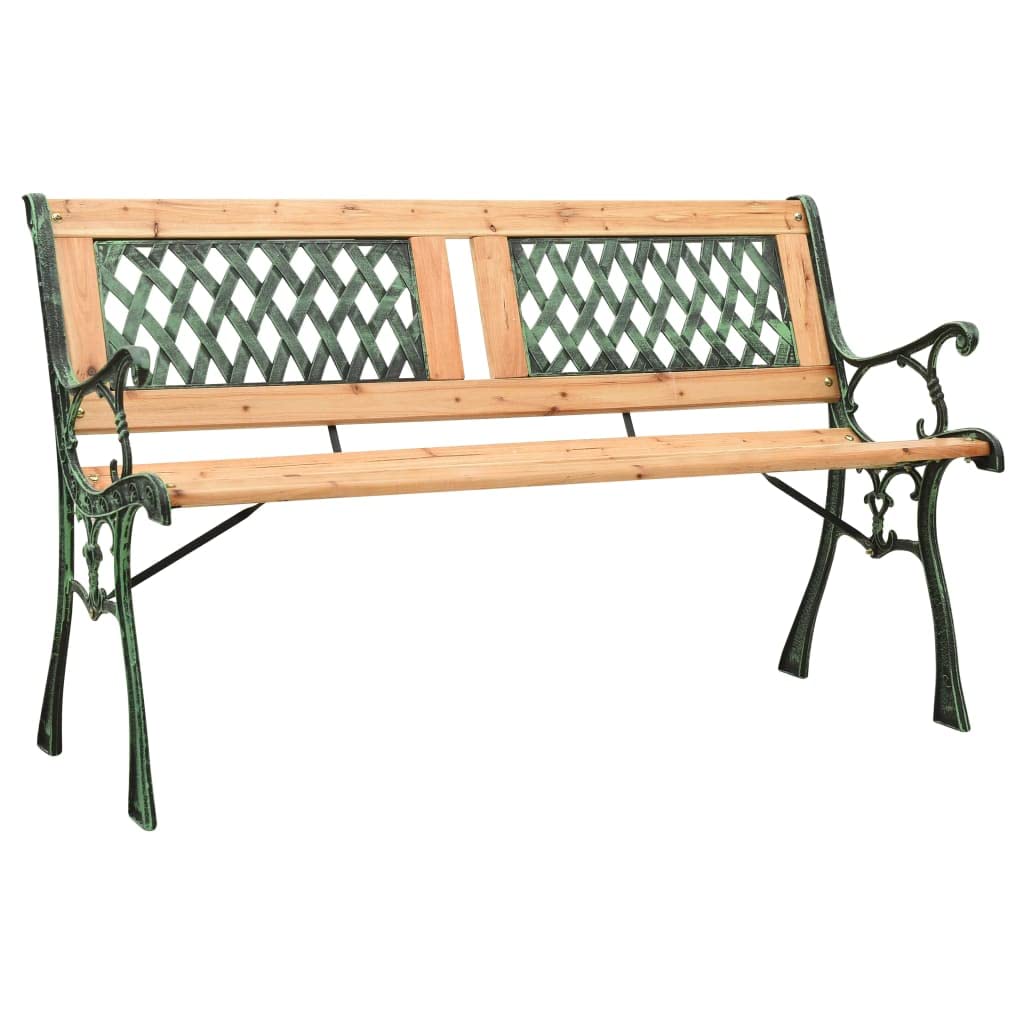 Banco de jardín de 122 cm de hierro fundido y madera maciza de abeto con respaldo decorativo de PVC en patrón de rejilla, para terraza y porche, estable y duradero