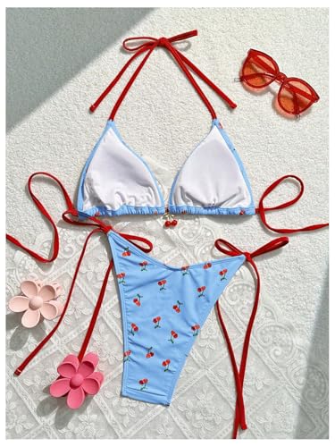 Trajes cordón lateral estilo bikini triangular rosa con estampado de cerezas 6