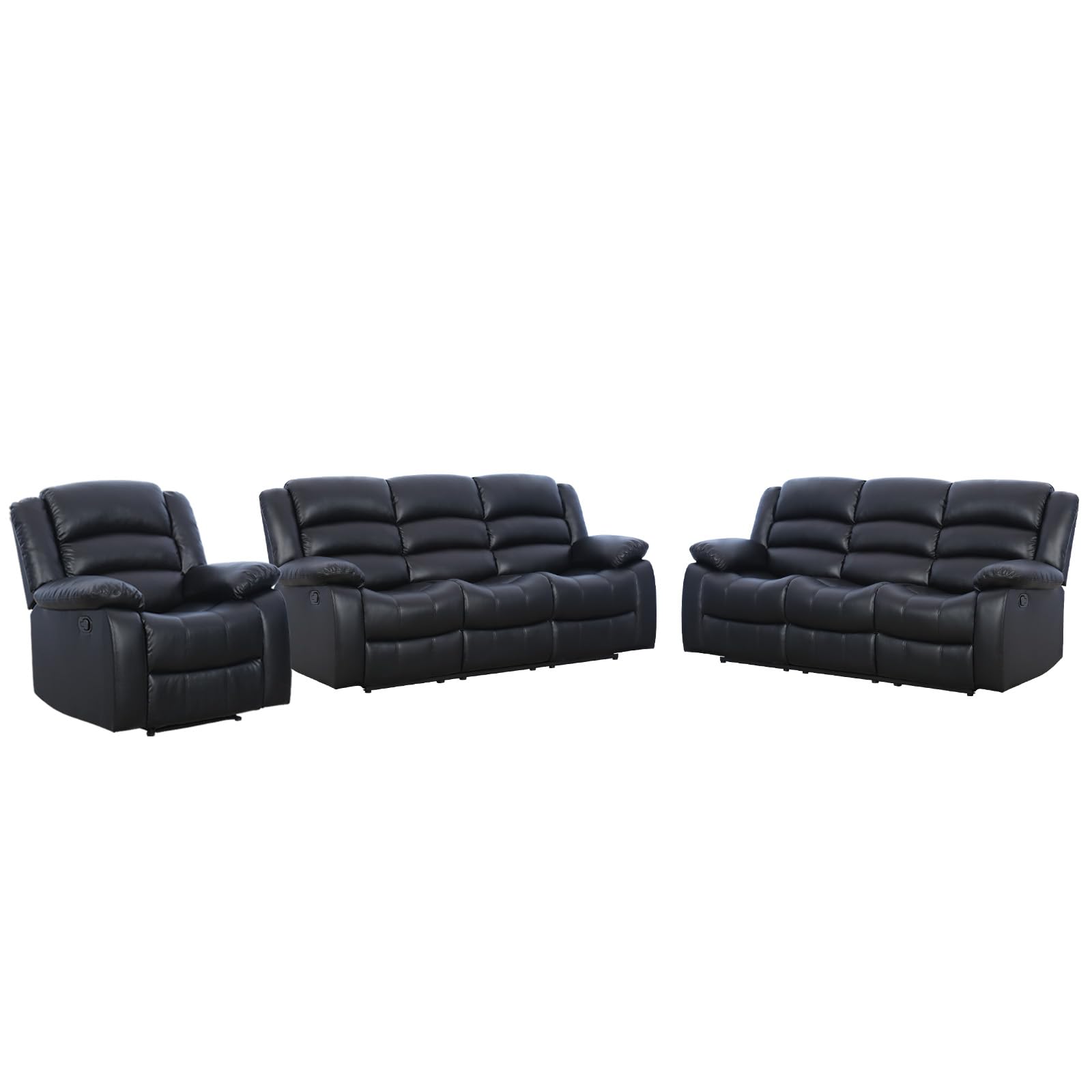 EBELLO Manual Recliner Sofa Set, Faux Leather Reclining Couch Furniture Set for Living Room, Includes 1 Recliner Chair and 2 3-Seater Reclining Couch for Home Theater and Office, Black view 7