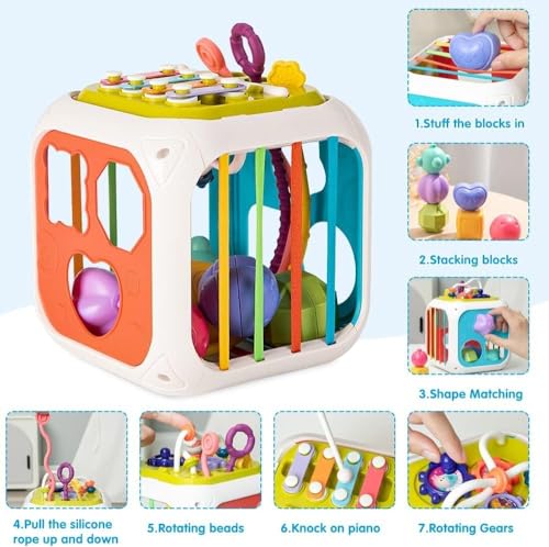 Image of EITHEO Montessori Activity Cube for Kids - 7 in 1 Baby Sensory Toy, Shape Sorter, Stacking & Educational Learning Toys for 1 2 3 Year Old Boy Girl, Fine Motor Skill Development - Multicolor