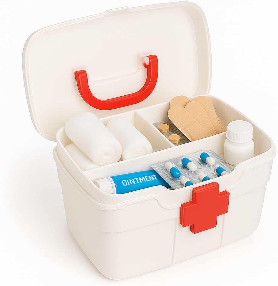 Portable First Aid Storage Box with Removable Organizer Tray | Durable Plastic Medical Kit Box with Secure Lock & Red Handle | Multi-Purpose Medicine Storage for Home, Office & Travel
