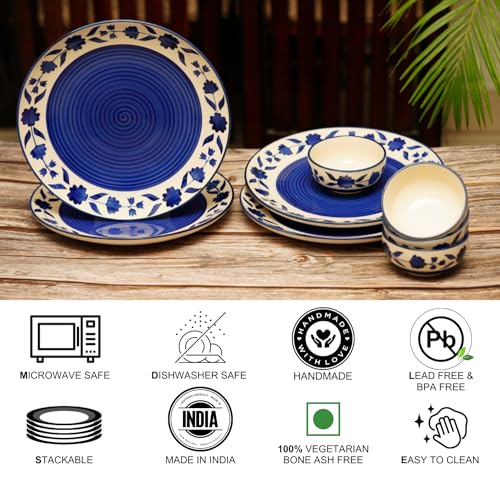 Image of Freakway Hand-Painted Floral Dinner Ceramic Sets of 8 Pieces Including (10 Inch) - 4 Dinner Plates with 4 Serving Bowls (180 Ml) | Dishwasher & Microwave Safe - Royal Blue