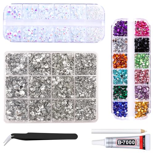 Resin Rhinestones Kits Bedazzling Kit, 2mm-6mm Mixed Flatback Rhinestones with 1 Tweezers Glue Pen, Non Hotfix Crystal Gems for Craft Nail Art Face Makeup Clothes Mugs (Silver)