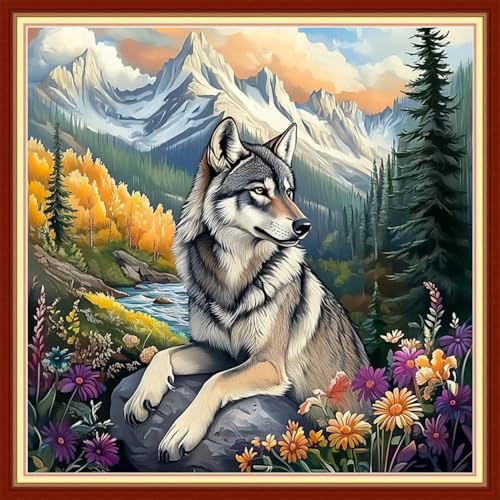 Image of Redxing Stamped Cross Stitch Kits Embroidery kit for Beginners Adults Full Range of Embroidery Patterns Starter Kits DIY Printed Cross Stitch Kits Needlepoint Kits 11CT-Wolf MountainRivers 18x18 inchs