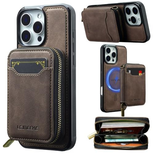 Étui iPhone 14 Pro anti-choc portefeuille amovible café