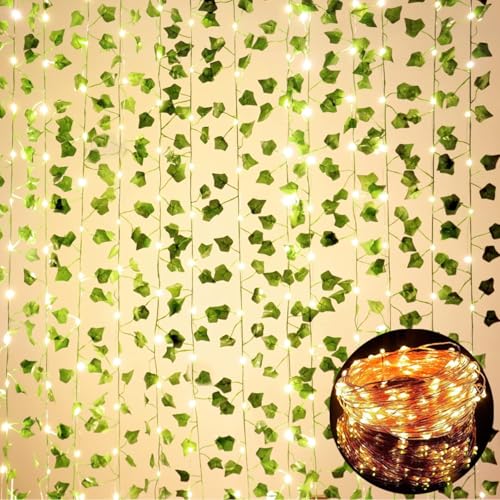 Image of MoonlitDreams 7ft Artificial Money Plant Vine with 30 Warm White LED Lights, Battery Operated Copper Wire String, Decorative Hanging Creeper for Bedroom, Wall, Balcony & Home Decor