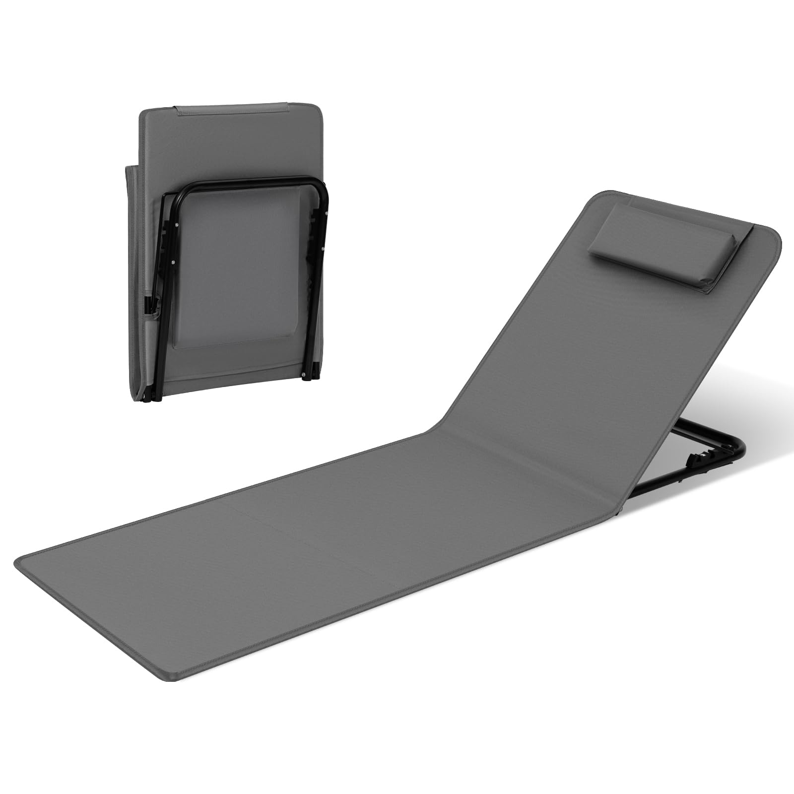 WOLTU Esterilla de Playa Plegable, Tumbona Playa Plegable, Alfombrilla de Playa con Respaldo Inclinable en 3 Niveles, con Reposacabezas y Bolsa de Almacenamiento, 48x132x54 cm，Gris Oscuro