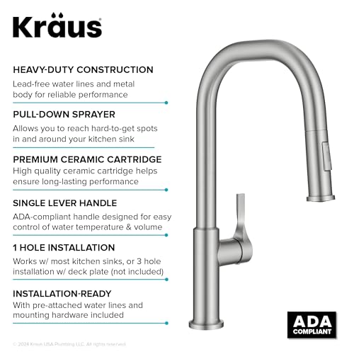 KRAUS Torak Pull Down Kitchen Faucet in Spot-Free Stainless Steel with 2 Function Sprayer, Pre-Attached Water Lines, and Mounting Hardware, KPF-2841SFS - image 9