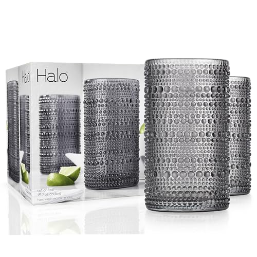 Glaver's Hobnail Drinking Glasses, Set of 4 Grey Vintage Glassware Set, Beaded Drinking Glasses, 15 oz Cocktail Glass Set, Bubble Glasses, For Everyday Usage Water and Cocktails