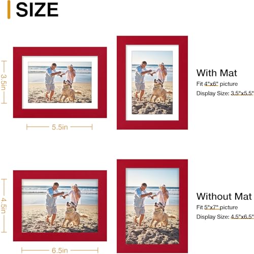decorUhome 5x7 Picture Frame, Display Photos 4x6 with Mat or 5x7 Unmatted, Engineered Wood Frame with Plexiglass for Wall and Tabletop Display, Red, Set of 1