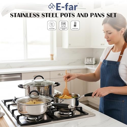E-far 10-Piece Stainless Steel Cookware Set - Induction Tri-Ply Base Pots and Pans, Non-Toxic Kitchen Cooking Set w/Stay-Cool Handle, Frying Pans, Saucepans, Stockpot with lid, Oven & Dishwasher Safe by E-far - Image 7