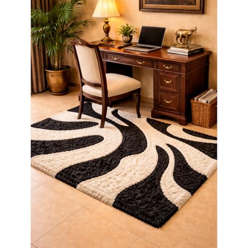 Image of 4x6 feet Shaggy Polyester Abstract Modern Area Rug - 2 Inch High Pile Ultra Soft Plush Carpet for Living Room, Bedroom & Kids Room, Thick Fluffy Rug for Indian Home Decor B - Rectangular