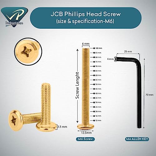 Image of Rely⇒VP INDUSTRIES (Pcs-25) M6x16 mm JCB Philips Flat Head Gold Finish | Flat Head Furniture Bolt Crib Bunk Bed Furniture Cot, Barrel Bolt, High Tensile Carbon Steel 10.9 Grad