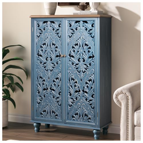 Image of Tall Accent Cabinet with Doors,Decorative Storage Cabinet with Solid Wood Legs,Farmhouse Sideboard Buffet for Living Room,Entryway,Blue & Walnut