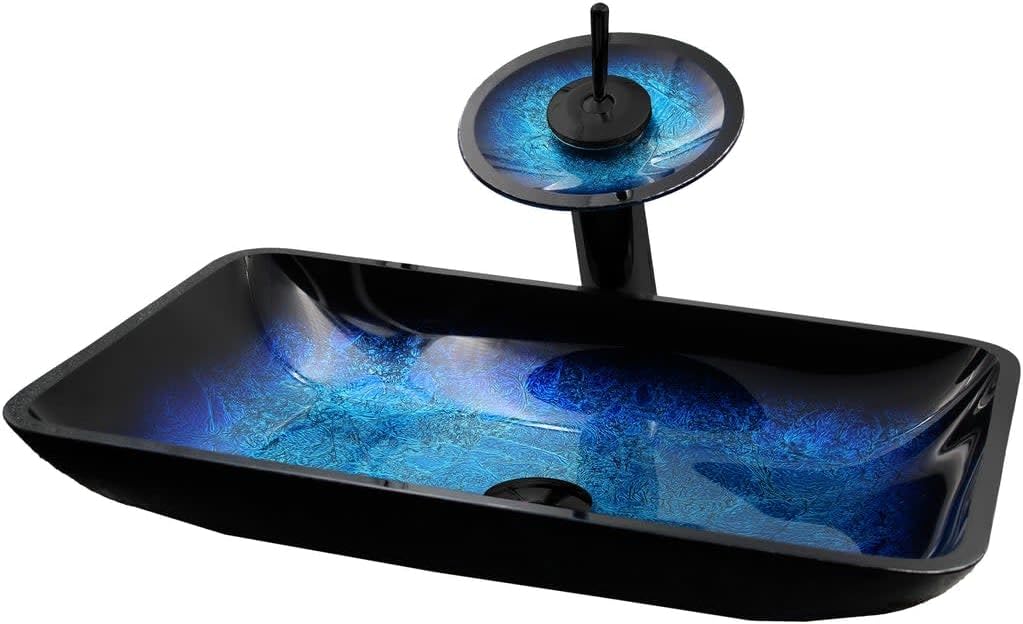 Miseno MVS-NSFC-G1903417003 Fresca 21-3/4" Glass Vessel Bathroom Sink with 2.2 GPM Deck Mounted Bathroom Faucet - Blue/Matte Black Drain