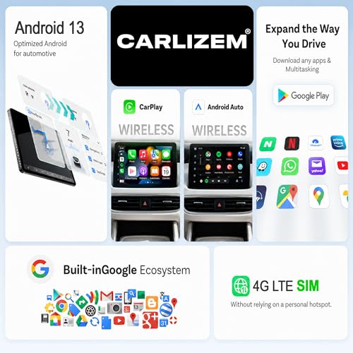 Image of Carlizem Wireless CarPlay & Android Auto Box, Stream YouTube Netflix JioHotstar on Car Display, Snapdragon 665 Octa-Core Convert Wired to Wireless, BUILT IN GPS, 4G LTE SIM Slot, 4GB RAM 64GB Storage