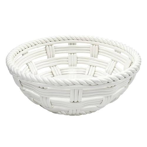 Santa Barbara Design Studio White Ceramic Woven Basket Display/Serving Bowl, Large 9.5" Diameter X 3.5" Tall