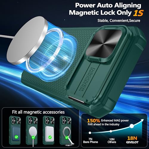 Image of Magnetic for iPhone 17 Case [Slide Camera Cover] [Compatible with Magsafe] [Kickstand] [Military Grade Protection] Shockproof Rugged Case for iPhone 17,Green