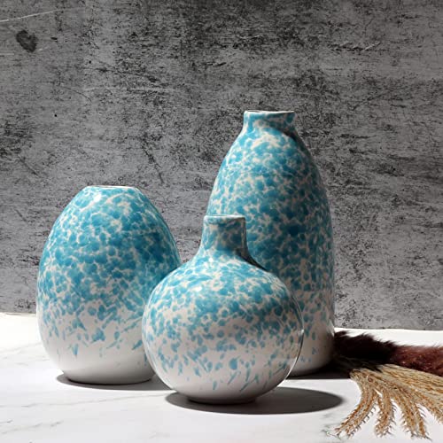 Ceramic Vase 3 Piece Set, Home Decor Decorative Flower Vases Set For Modern Farmhouse Decoration, Living Room Centerpieces,Events, Table, Bookshelf, Mantel And Entryway Decor(Sky Blue,Oval) #TOP6