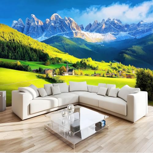 Blue Green Panoramic Custom Photo Wallpaper Mural, Non-Woven Premium Nature Mountains Meadow Print Photo Wallpaper Wall Mural Poster Decoration 59 x 41 inch (W x H) for Bedroom Living Room Corridor