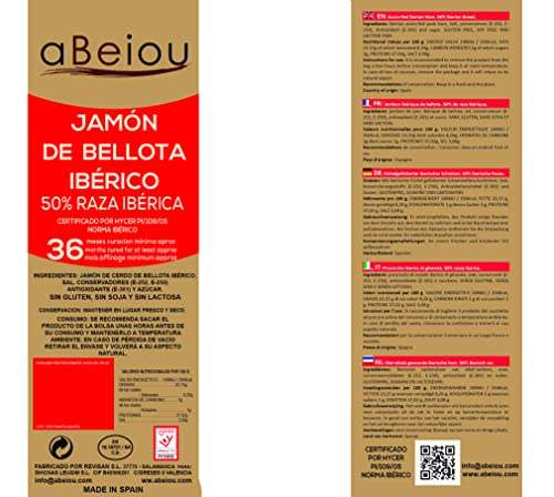 aBeiou. 1 kg iberischer Eichelschinken. Ohne Knochen. Vakuumverpacktes Stück. Reifezeit +36 Monate in Guijuelo (Spanien). Hycer Garantiezertifikat. Jamon iberico bellota. Patanegra.